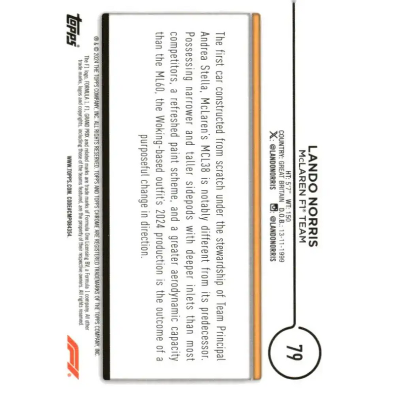 2024 Topps Chrome Formula 1 #79 Lando Norris EX Excellent McLaren F1 Team Racing Card - Racing Card Single