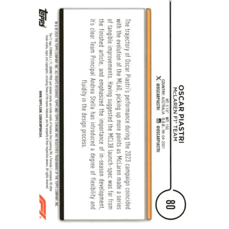 2024 Topps Chrome Formula 1 #80 Oscar Piastri NM-MT McLaren F1 Team Racing Card - Racing Card Single