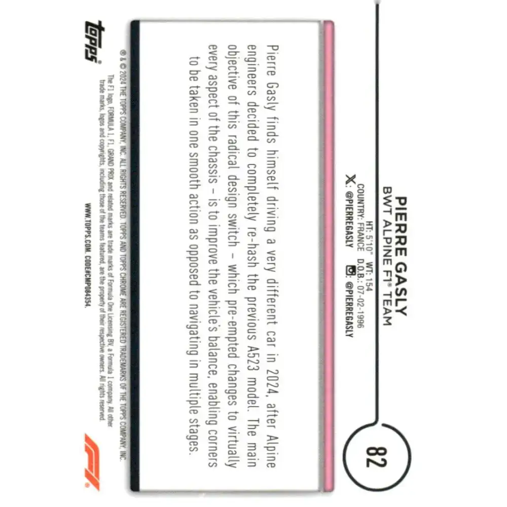 2024 Topps Chrome Formula 1 #82 Pierre Gasly EX Excellent BWT Alpine F1 Team Racing Card - Racing Card Single