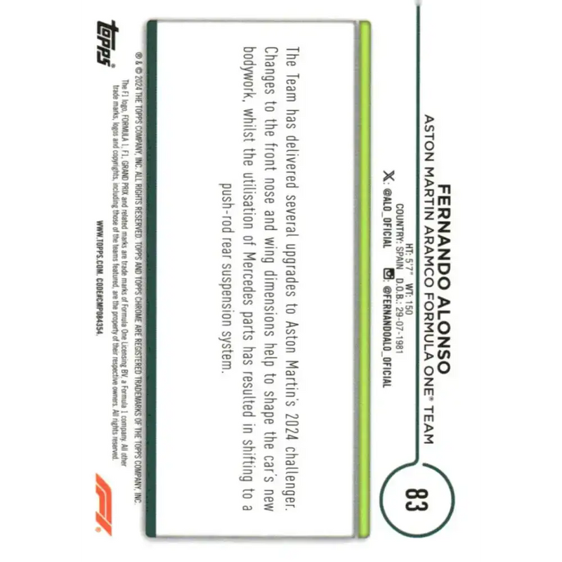 2024 Topps Chrome Formula 1 #83 Fernando Alonso NM-MT Aston Martin Aramco Formula One Team Racing Card - Racing Card