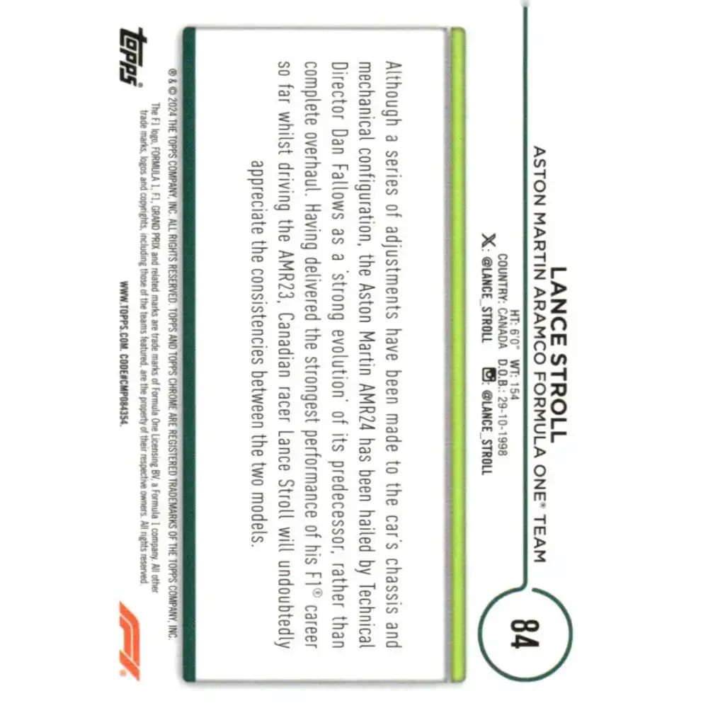2024 Topps Chrome Formula 1 #84 Lance Stroll EX Excellent Aston Martin Aramco Formula One Team Racing Card - Racing
