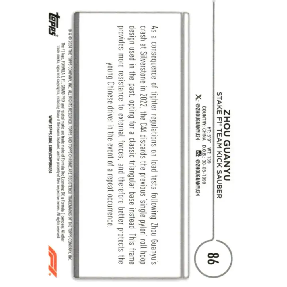 2024 Topps Chrome Formula 1 #86 Zhou Guanyu EX Excellent Stake F1 Team KICK Sauber Racing Card - Racing Card Single