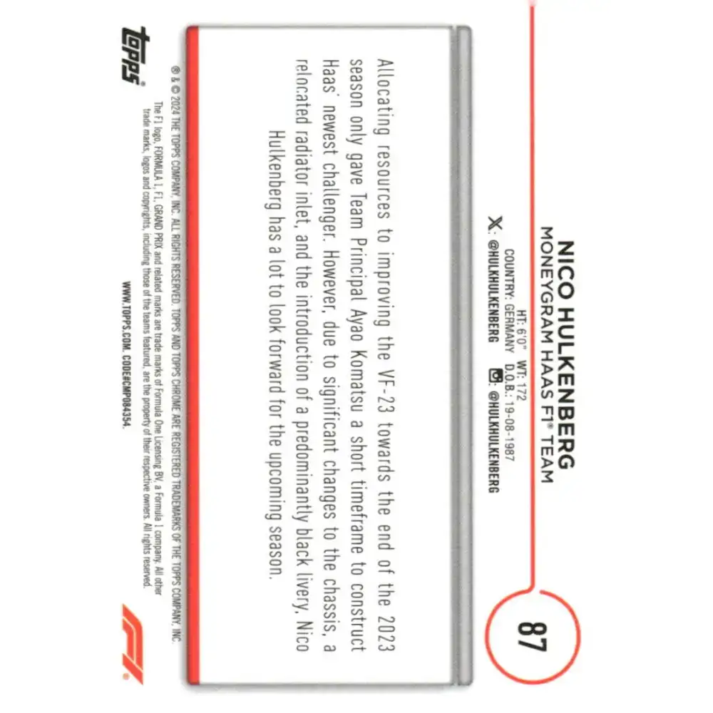 2024 Topps Chrome Formula 1 #87 Nico Hulkenberg NM-MT MoneyGram Haas F1 Team Racing Card - Racing Card Single