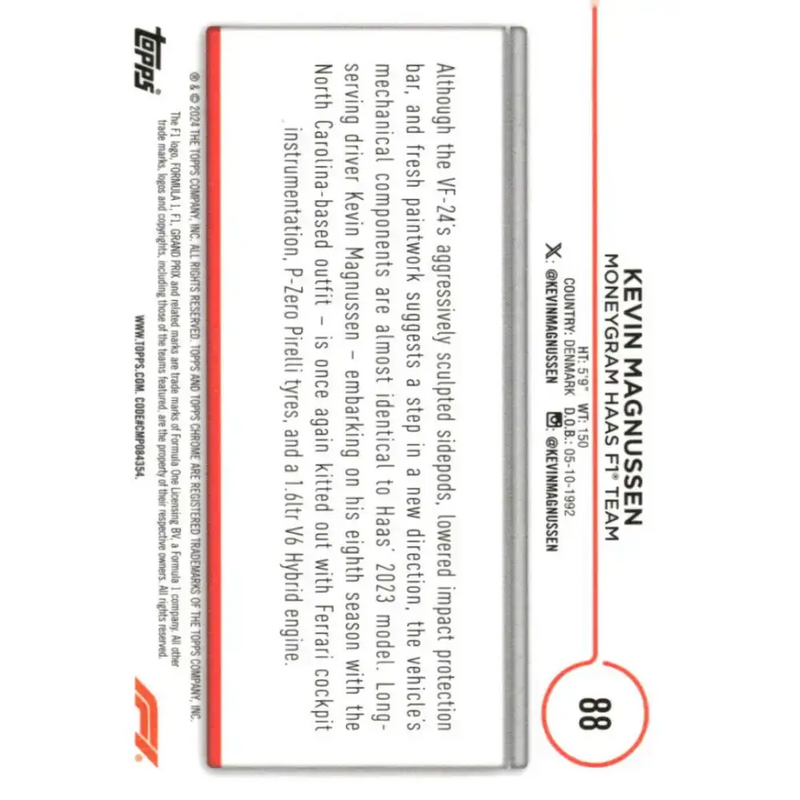 2024 Topps Chrome Formula 1 #88 Kevin Magnussen EX Excellent MoneyGram Haas F1 Team Racing Card - Racing Card Single