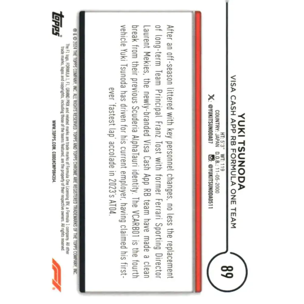 2024 Topps Chrome Formula 1 #89 Yuki Tsunoda NM-MT Visa Cash App RB Formula One Team Racing Card - Racing Card Single