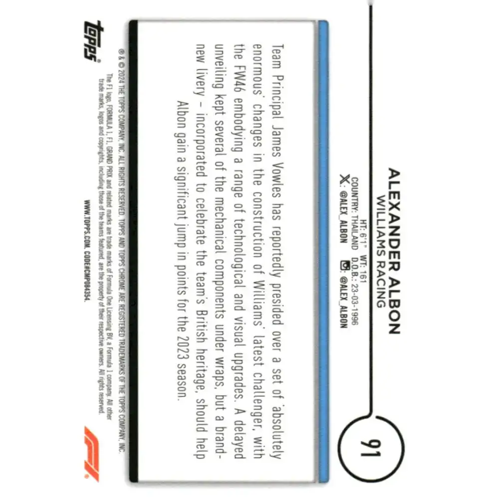 2024 Topps Chrome Formula 1 #91 Alexander Albon EX Excellent Williams Racing Racing Card - Racing Card Single