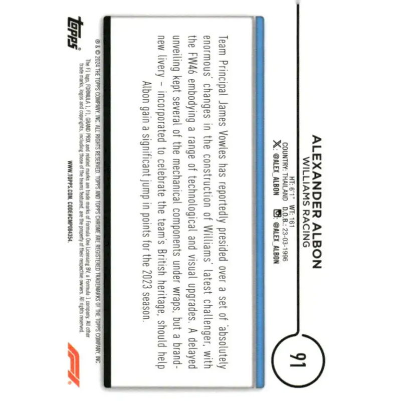 2024 Topps Chrome Formula 1 #91 Alexander Albon EX Excellent Williams Racing Racing Card - Racing Card Single