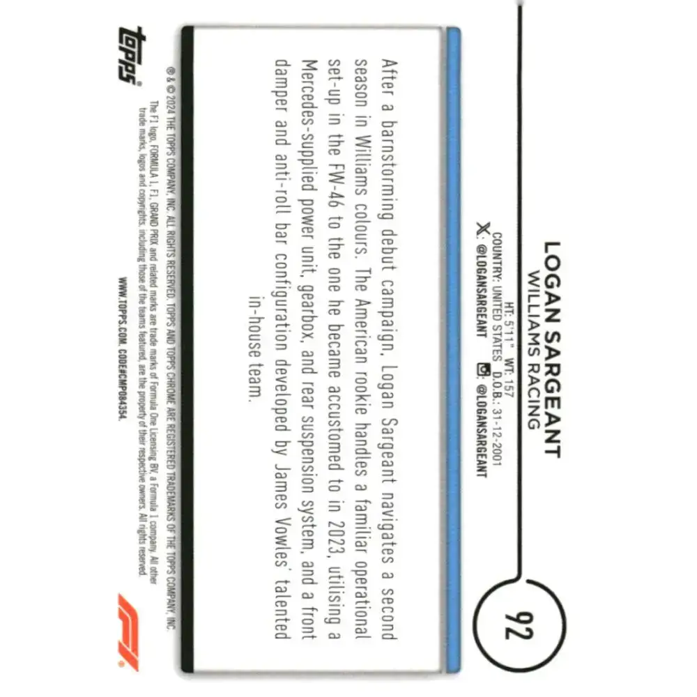 2024 Topps Chrome Formula 1 #92 Logan Sargeant EX Excellent Williams Racing Racing Card - Racing Card Single