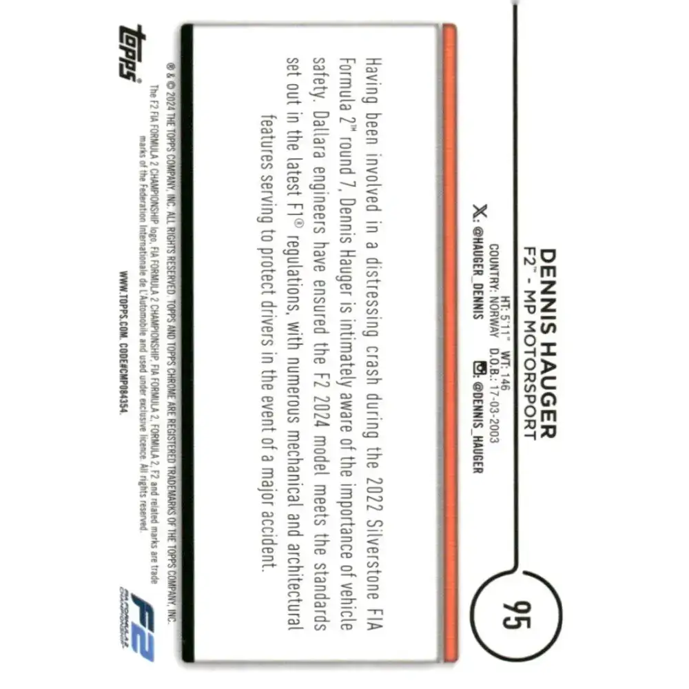 2024 Topps Chrome Formula 1 #95 Dennis Hauger NM-MT F2 - MP Motorsport Racing Card - Racing Card Single