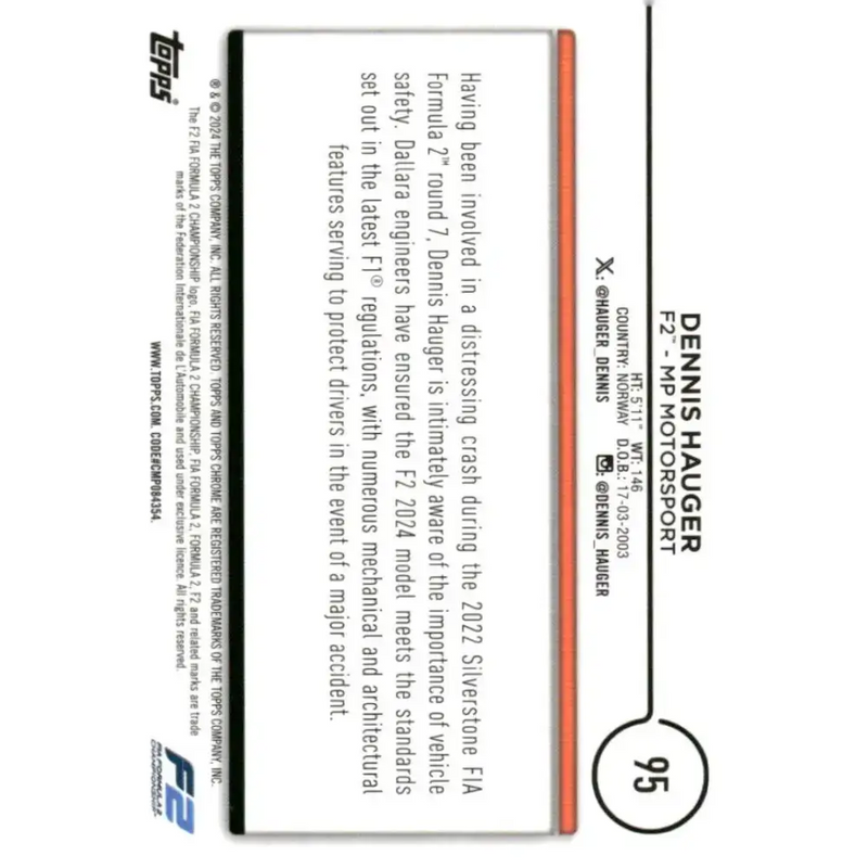 2024 Topps Chrome Formula 1 #95 Dennis Hauger NM-MT F2 - MP Motorsport Racing Card - Racing Card Single