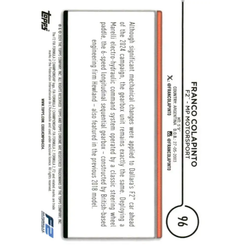2024 Topps Chrome Formula 1 #96 Franco Colapinto EX Excellent F2 - MP Motorsport Racing Card - Racing Card Single
