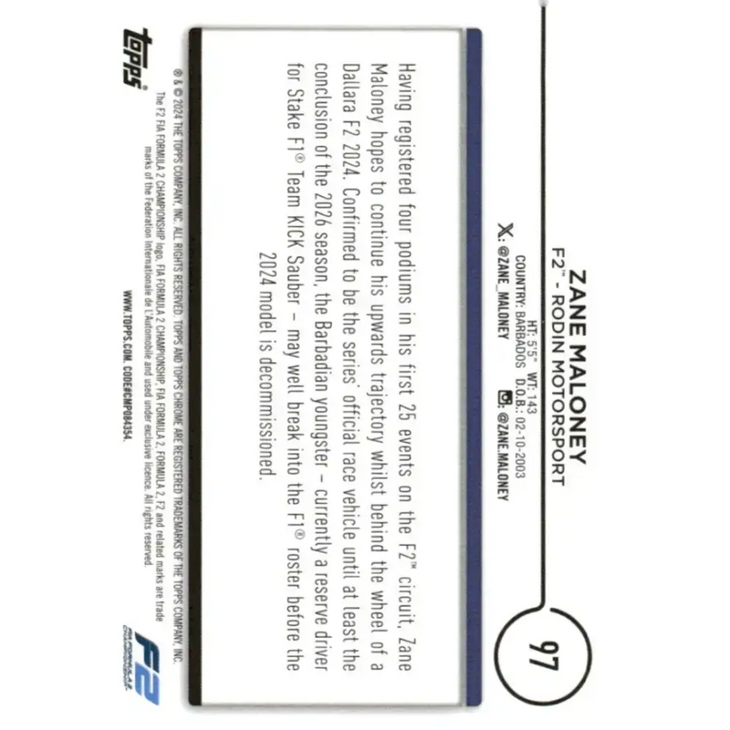 2024 Topps Chrome Formula 1 #97 Zane Maloney NM-MT F2 - Rodin Motorsport Racing Card - Racing Card Single
