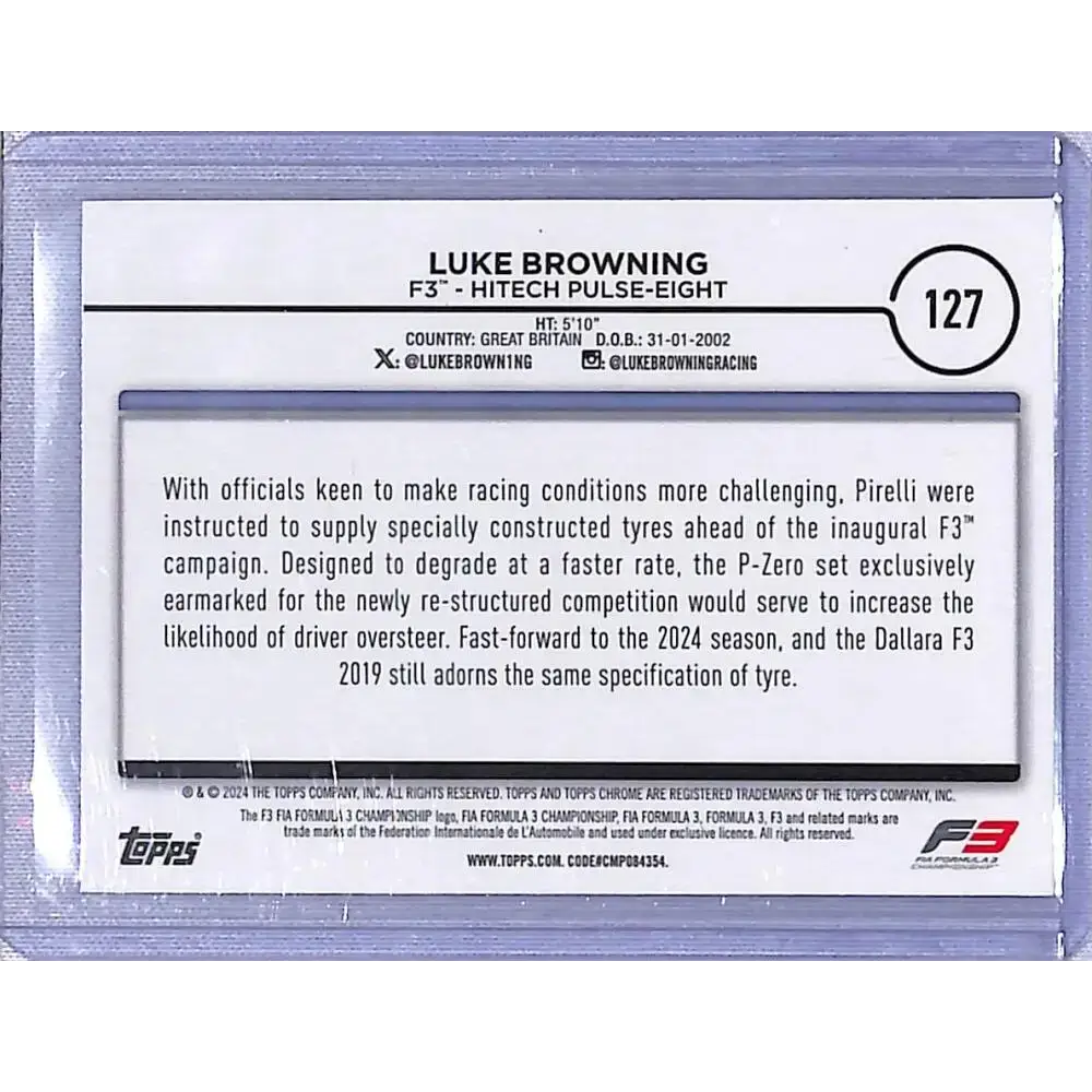 2024 Topps Chrome Formula 1 Refractor Pink RayWave #127 Luke Browning NM-MT 56/75 F3 - Hitech Pulse-Eight Racing Card