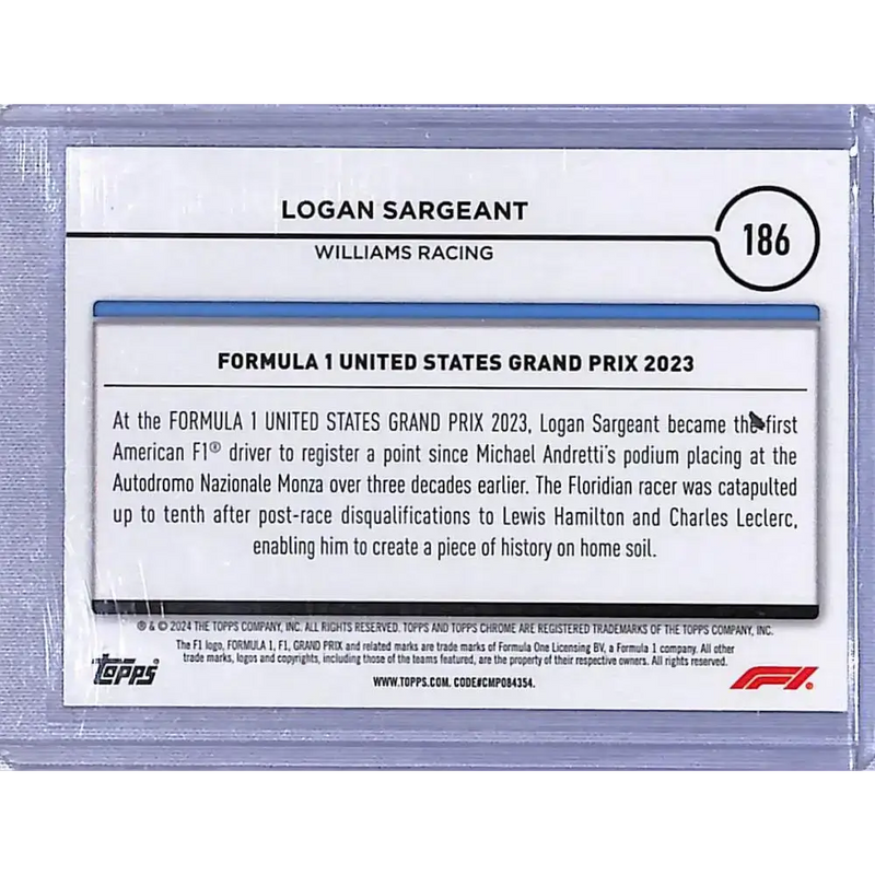 2024 Topps Chrome Formula 1 Refractor Pink RayWave #186 Logan Sargeant NM-MT 37/75 Williams Racing Racing Card - Racing