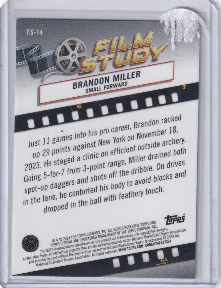 2024 TOPPS CHROME #FS-14 BRANDON MILLER FILM STUDY REFRACTOR- CHARLOTTE HORNETS - Basketball Card Single