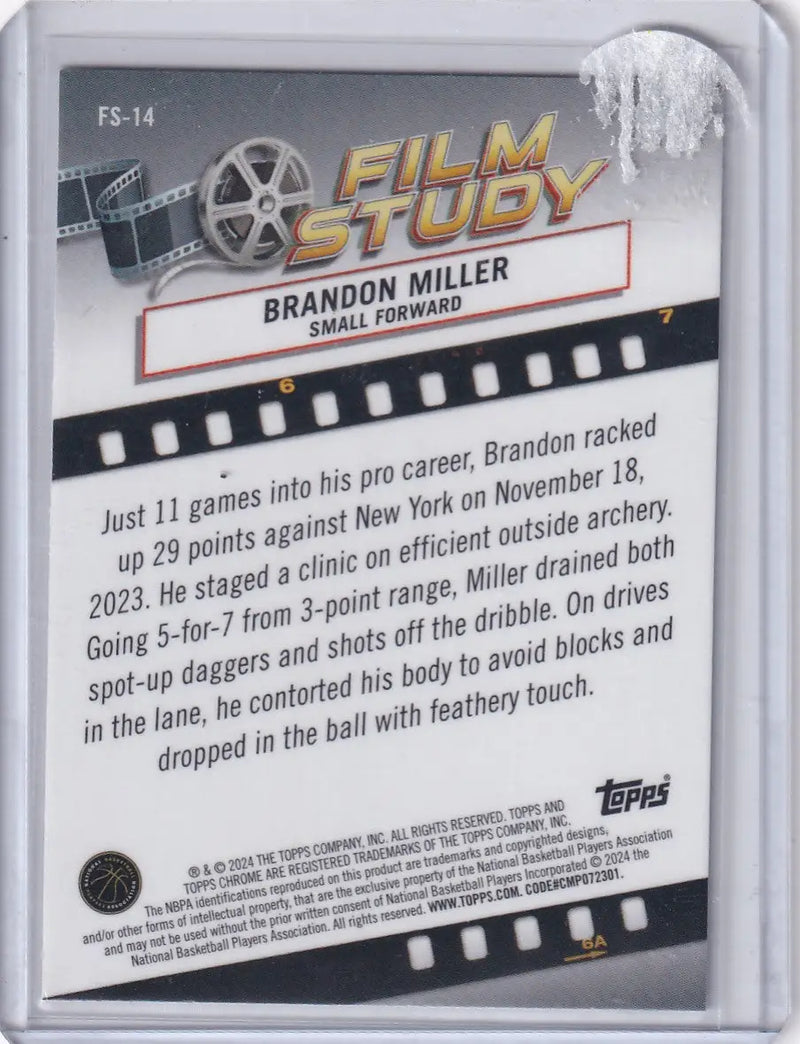 2024 TOPPS CHROME #FS-14 BRANDON MILLER FILM STUDY REFRACTOR- CHARLOTTE HORNETS - Basketball Card Single