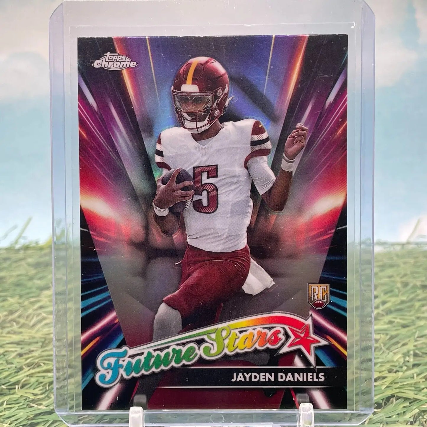 2024 Topps Chrome Jayden Daniels Future Stars Chrome Refractor Rookie card display