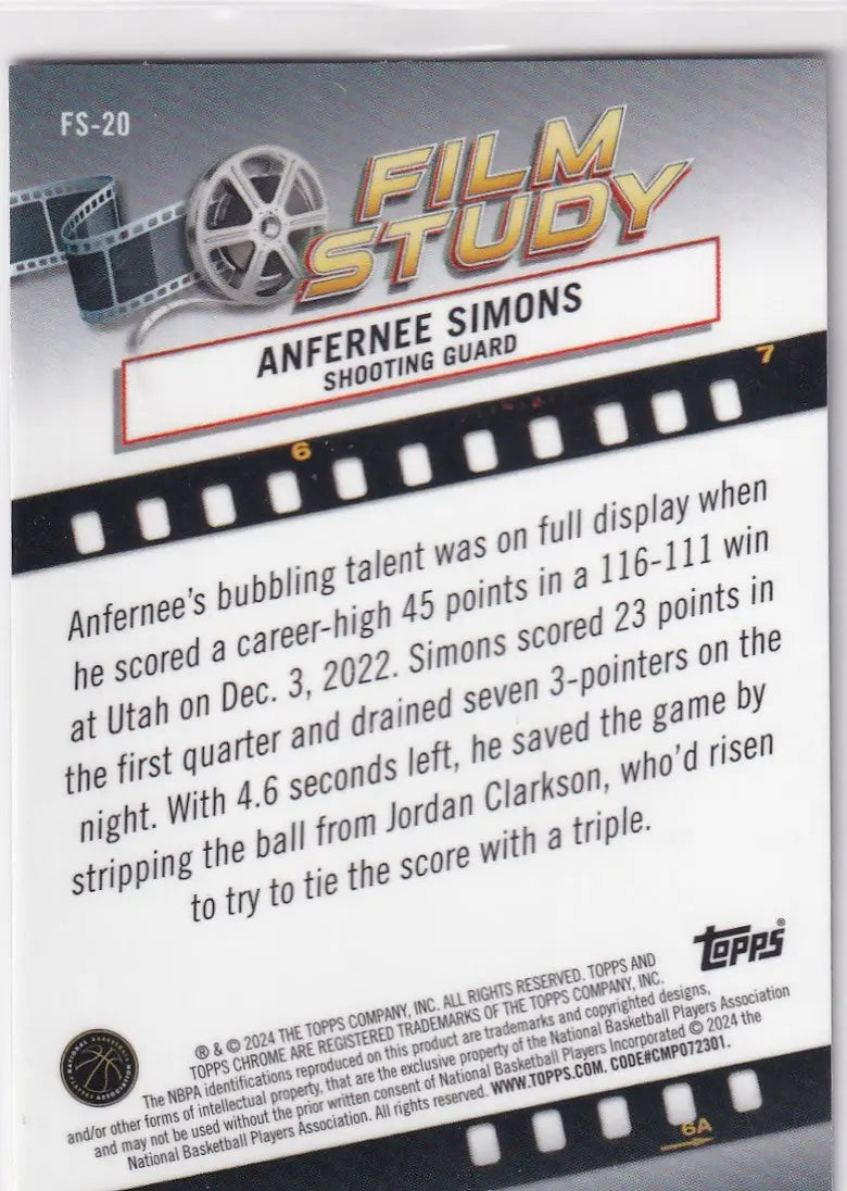 2024 TOPPS CHROME #FS-20 ANFERNEE SIMONS BLUE HOLO- PORTLAND TRAIL BLAZZERS - Basketball Card Single