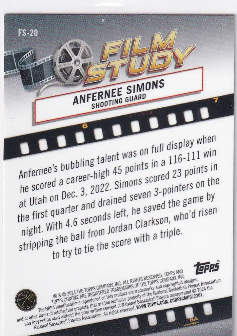 2024 TOPPS CHROME #FS-20 ANFERNEE SIMONS PINK HOLO- PORTLAND TRAIL BLAZZERS - Basketball Card Single