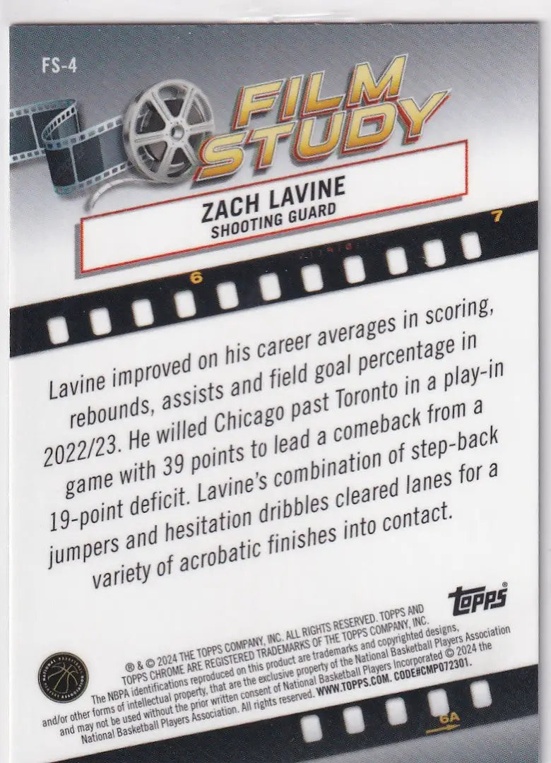 2024 TOPPS CHROME #FS-4 ZACH LAVINE FILM STUDY BLUE HOLO- CHICAGO BULLS - Basketball Card Single
