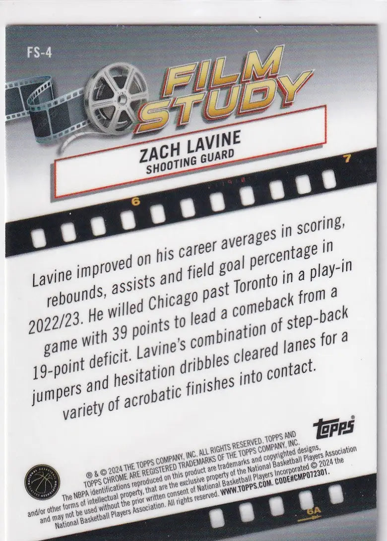 2024 TOPPS CHROME #FS-4 ZACH LAVINE FILM STUDY REFRACTOR- CHICAGO BULLS - Basketball Card Single