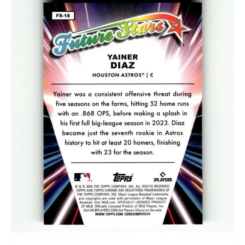 2024 Topps Chrome Future Stars Refractor #FS-18 Yainer Diaz NM-MT Houston Astros Baseball Card - Baseball Card Single
