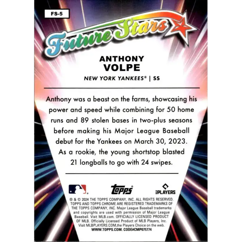 2024 Topps Chrome Future Stars Refractor #FS-5 Anthony Volpe NM-MT New York Yankees Baseball Card - Baseball Card Single