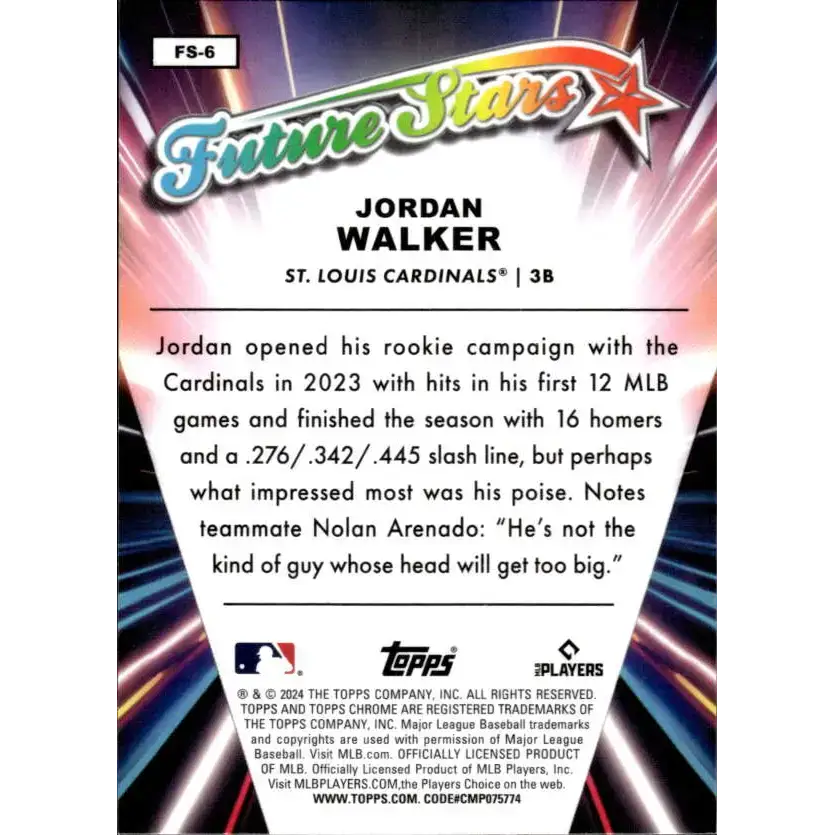 2024 Topps Chrome Future Stars Refractor #FS-6 Jordan Walker NM-MT St Louis Cardinals Baseball Card - Baseball Card