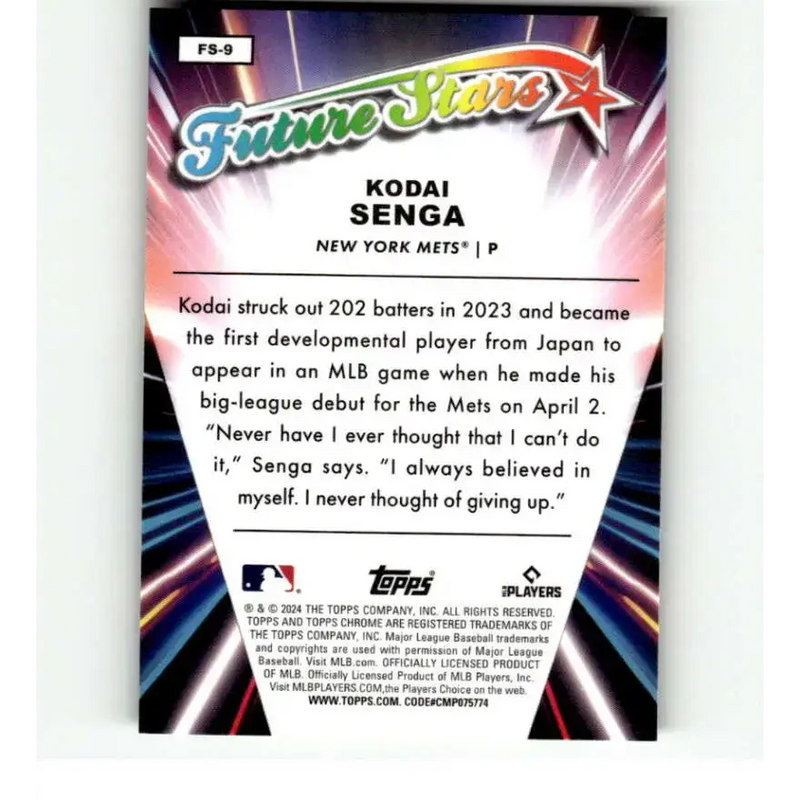 2024 Topps Chrome Future Stars Refractor #FS-9 Kodai Senga NM-MT New York Mets Baseball Card - Baseball Card Single