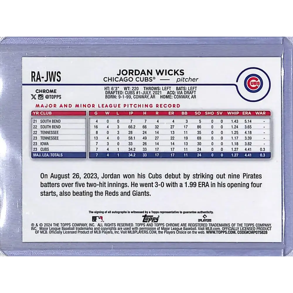 2024 Topps Chrome Gold #RA-JWS Jordan Wicks NM-MT RC Rookie Auto 13/50 Chicago Cubs - Baseball Card Single