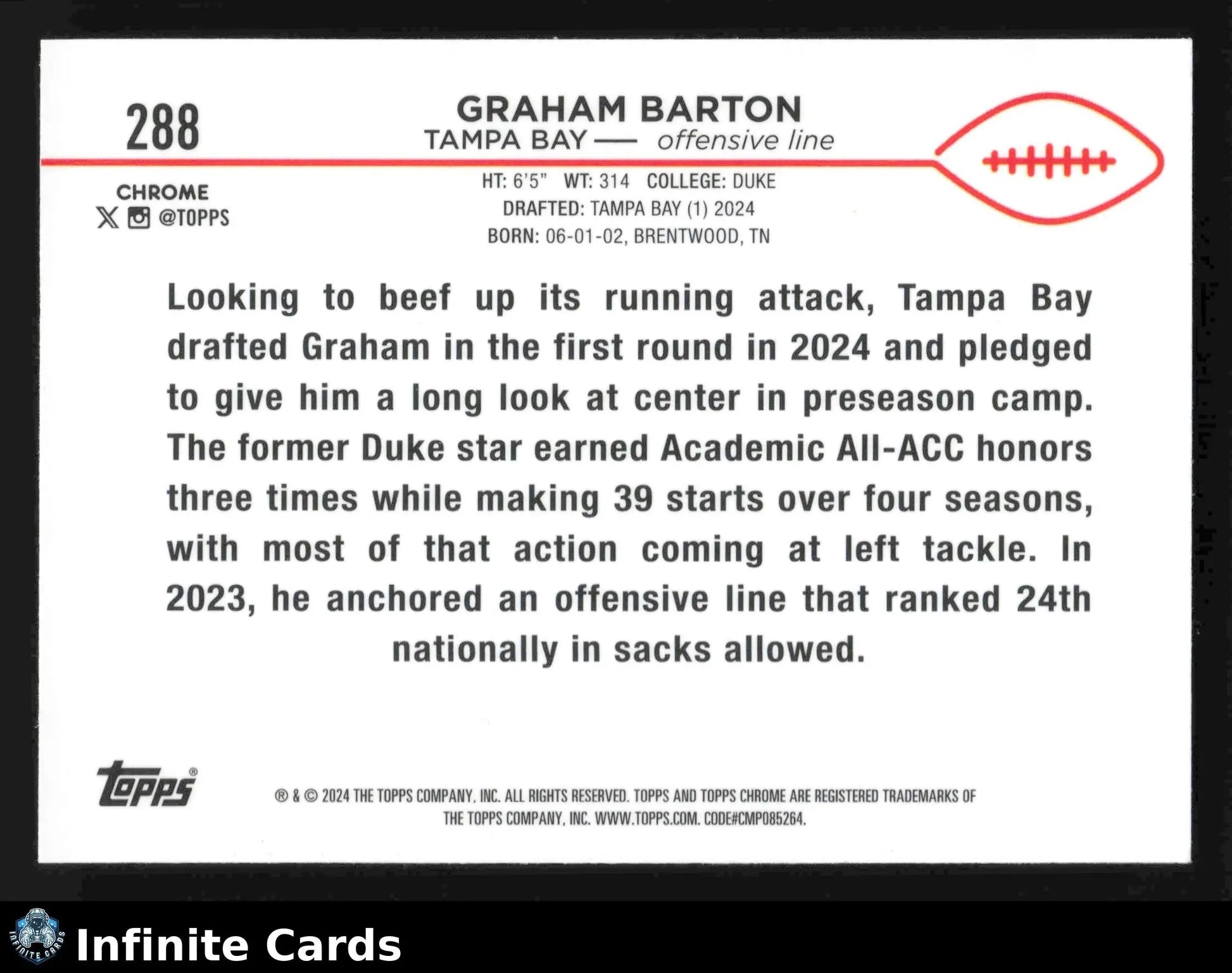 2024 Topps Chrome GRAHAM BARTON #288 Tampa Bay Buccaneers RC - Football Card Single