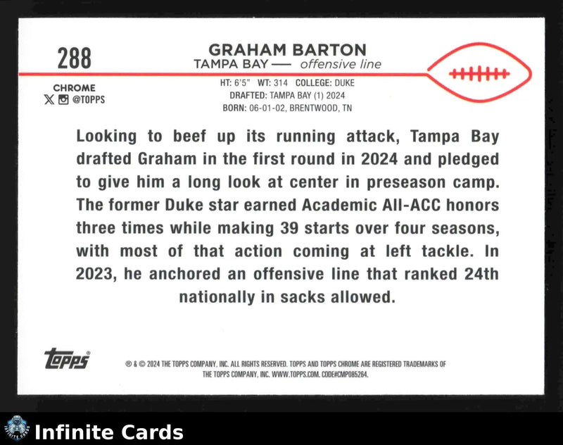 2024 Topps Chrome GRAHAM BARTON #288 Tampa Bay Buccaneers RC - Football Card Single