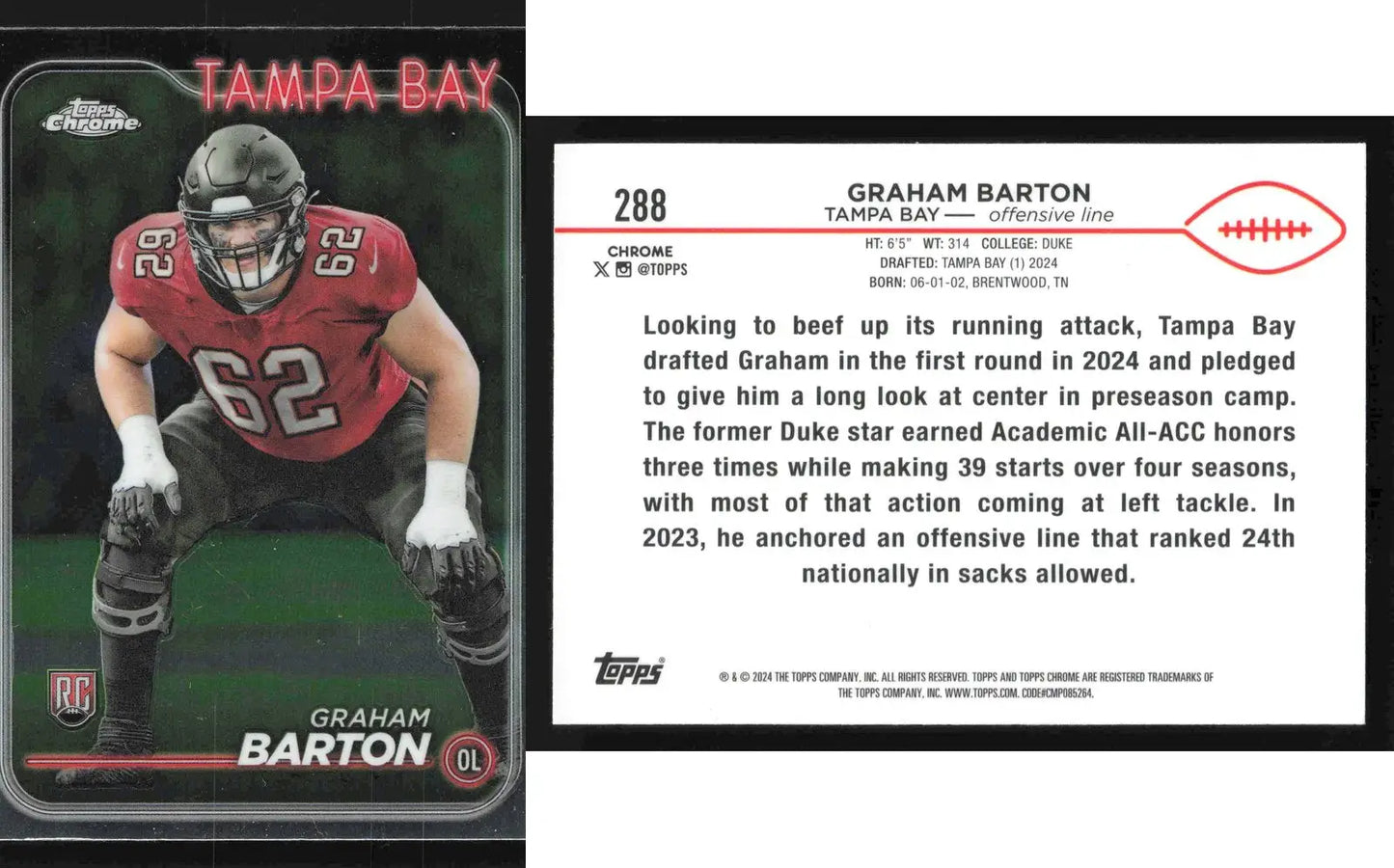 2024 Topps Chrome GRAHAM BARTON #288 Tampa Bay Buccaneers RC - Football Card Single