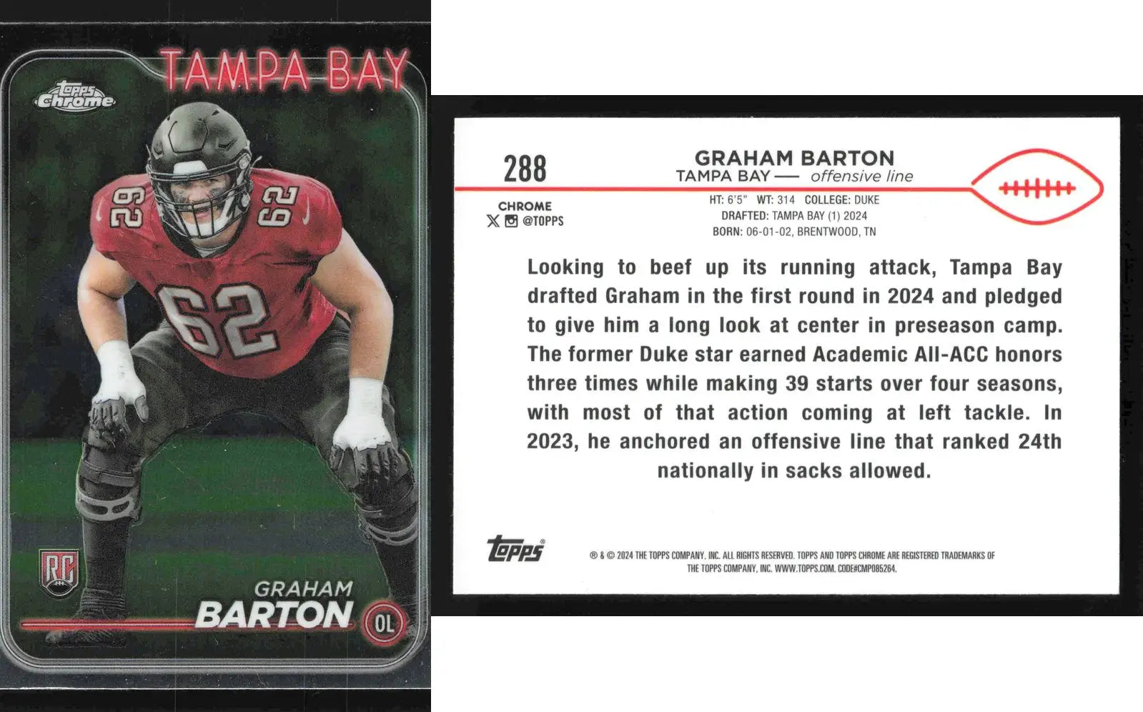 2024 Topps Chrome GRAHAM BARTON #288 Tampa Bay Buccaneers RC - Football Card Single