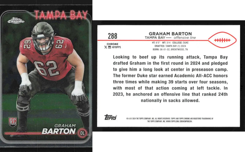 2024 Topps Chrome GRAHAM BARTON #288 Tampa Bay Buccaneers RC - Football Card Single