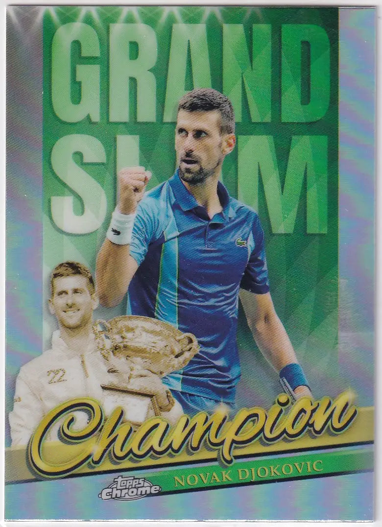 Tennis trading card of Novak Djokovic in blue athletic wear from Topps Chrome Grand Slam Champions