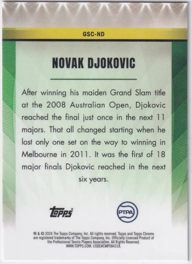 Trading card featuring Novak Djokovic’s early Grand Slam Champions achievements in Topps Chrome Grand