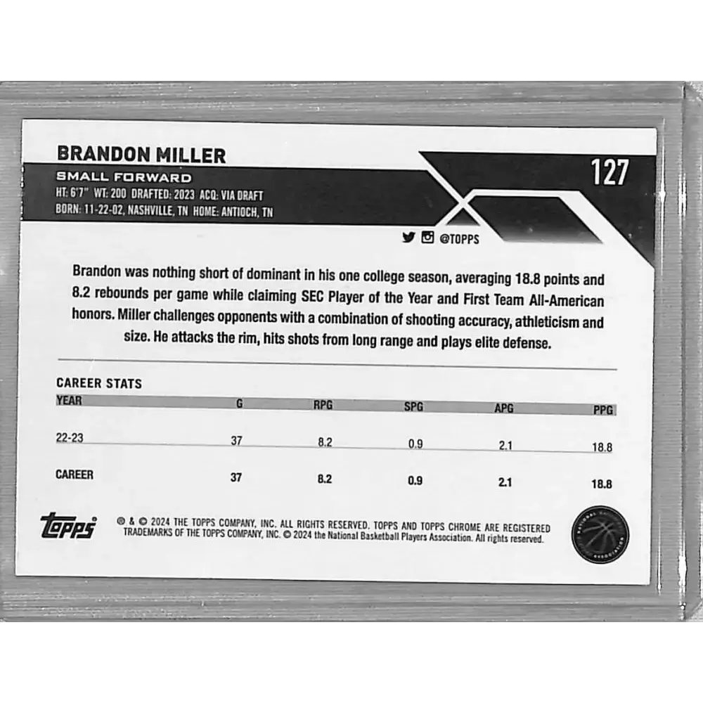 2024 Topps Chrome Green Logo Refractor #127 Brandon Miller NM-MT Charlotte Hornets - Basketball Card Single