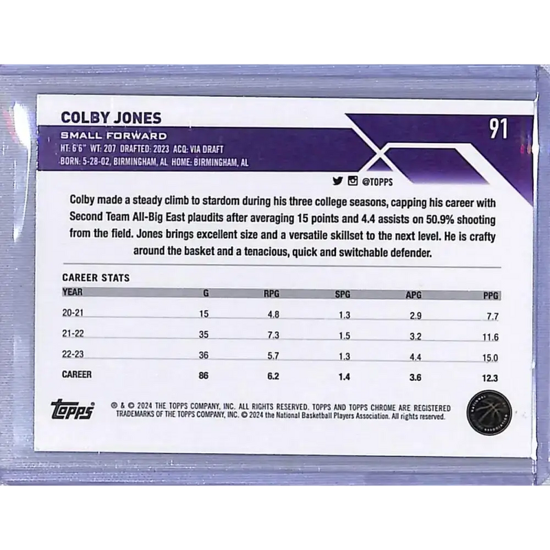 2024 Topps Chrome Green Logo Refractor #91 Colby Jones NM-MT Sacramento Kings - Basketball Card Single
