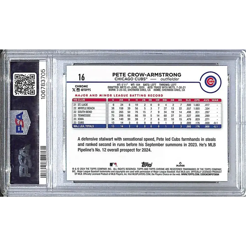 2024 Topps Chrome Green Wave #16 Pete Crow-Armstrong PSA 10 GEM MINT RC Rookie 20/99 Chicago Cubs - Baseball Card Single