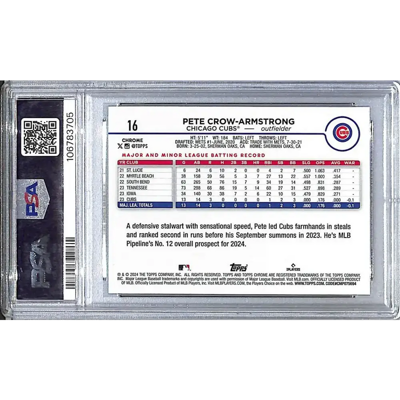 2024 Topps Chrome Green Wave #16 Pete Crow-Armstrong PSA 10 GEM MINT RC Rookie 20/99 Chicago Cubs - Baseball Card Single