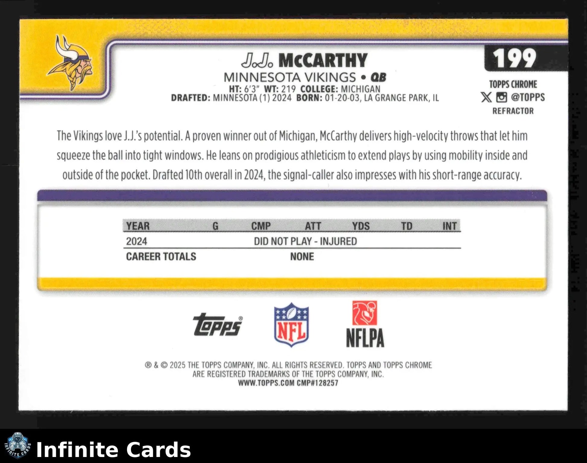 2024 Topps Chrome J.J. MCCARTHY #199 Refractor Minnesota Vikings - Football Card Single