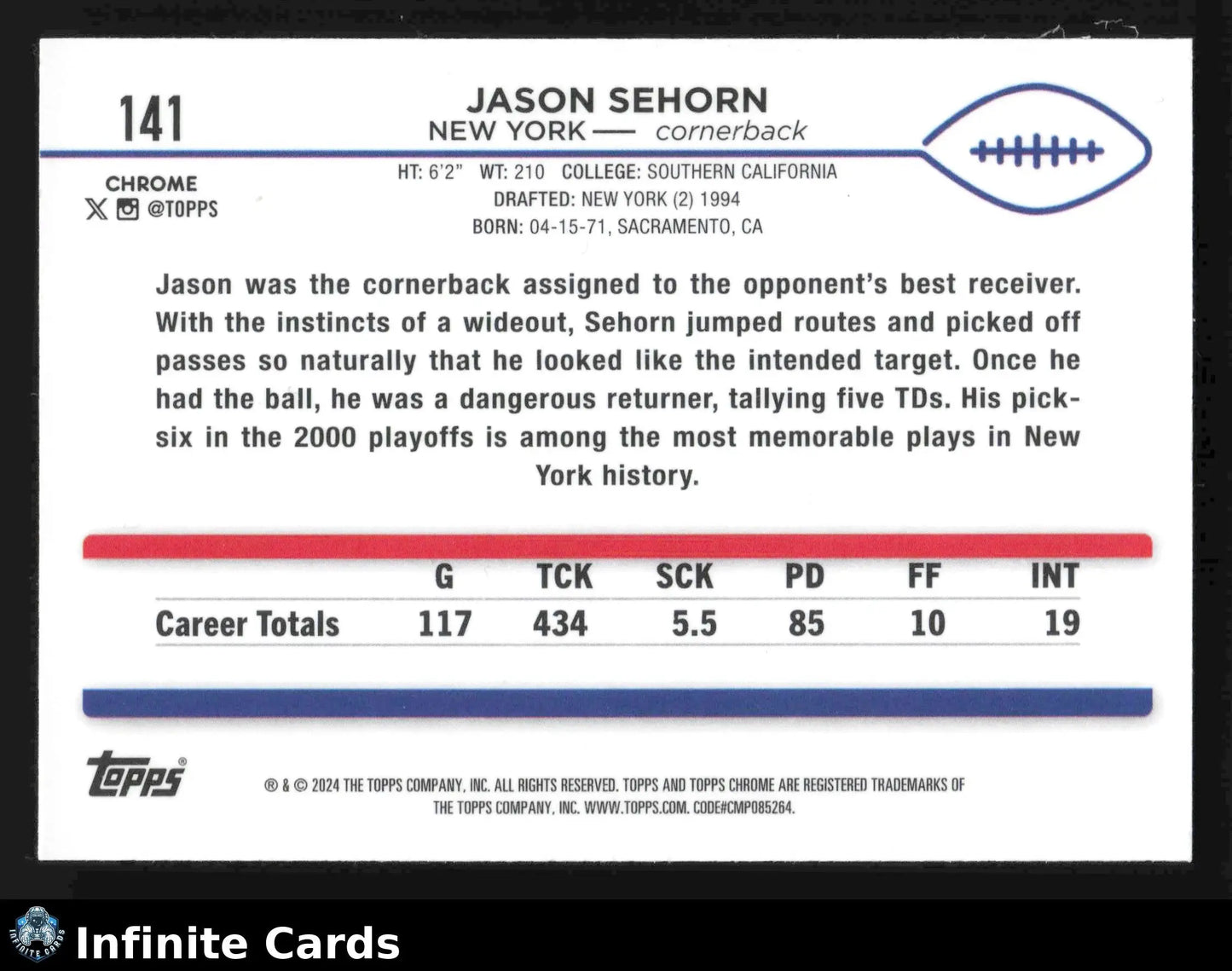 2024 Topps Chrome JASON SEHORN #141 New York Giants - Football Card Single