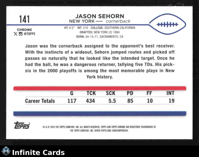 2024 Topps Chrome JASON SEHORN #141 New York Giants - Football Card Single