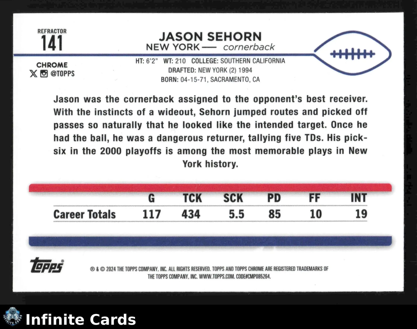 2024 Topps Chrome JASON SEHORN #141 Refractor New York Giants - Football Card Single