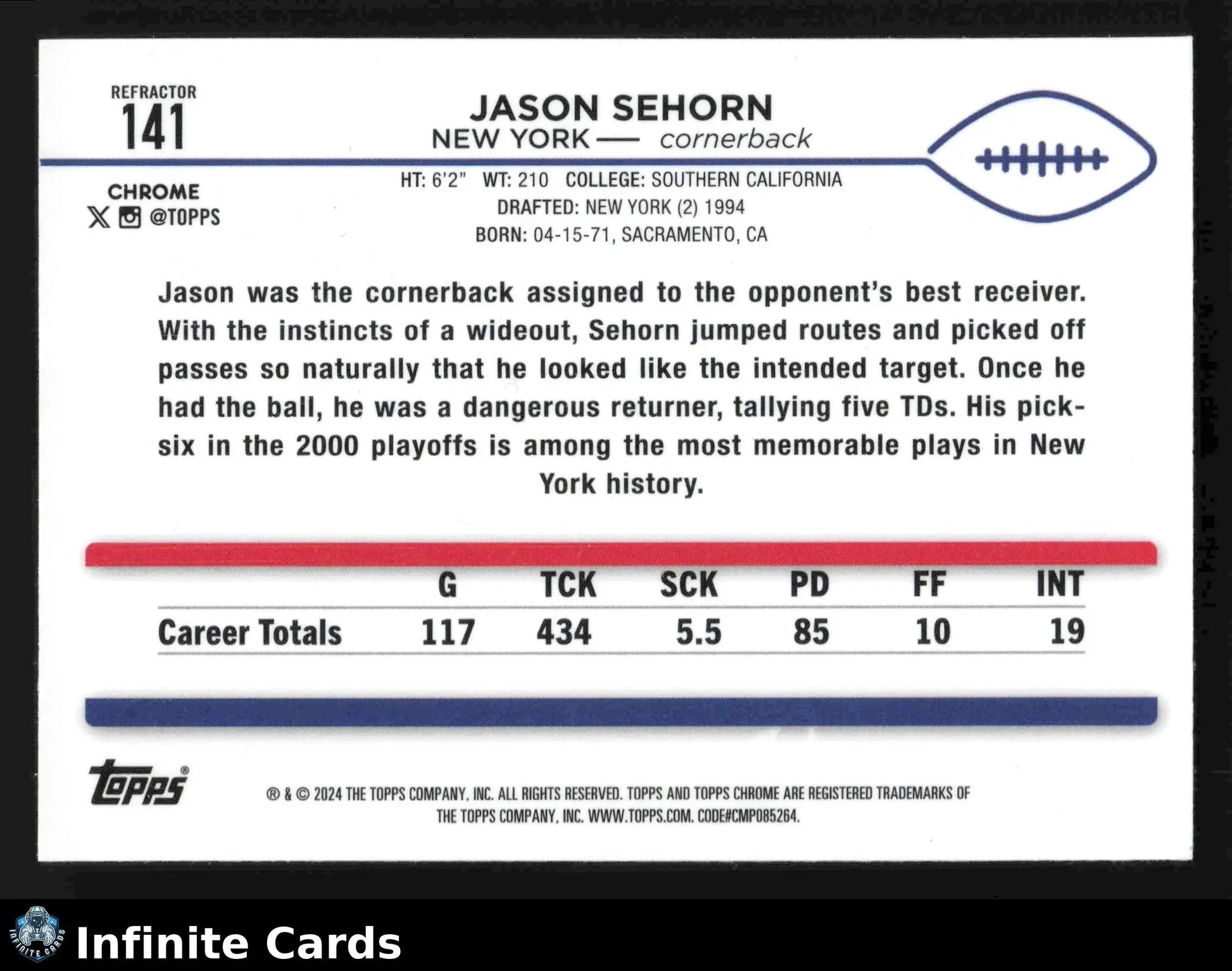 2024 Topps Chrome JASON SEHORN #141 Refractor New York Giants - Football Card Single