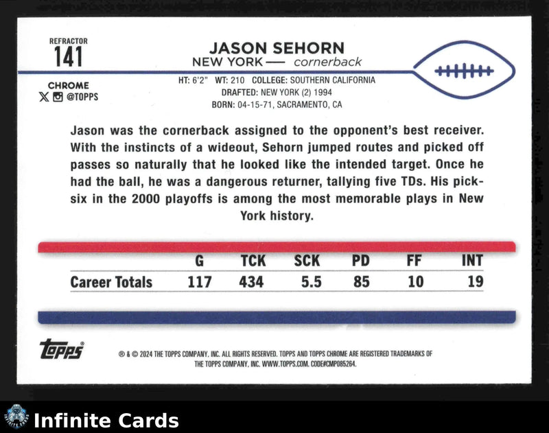 2024 Topps Chrome JASON SEHORN #141 Refractor New York Giants - Football Card Single