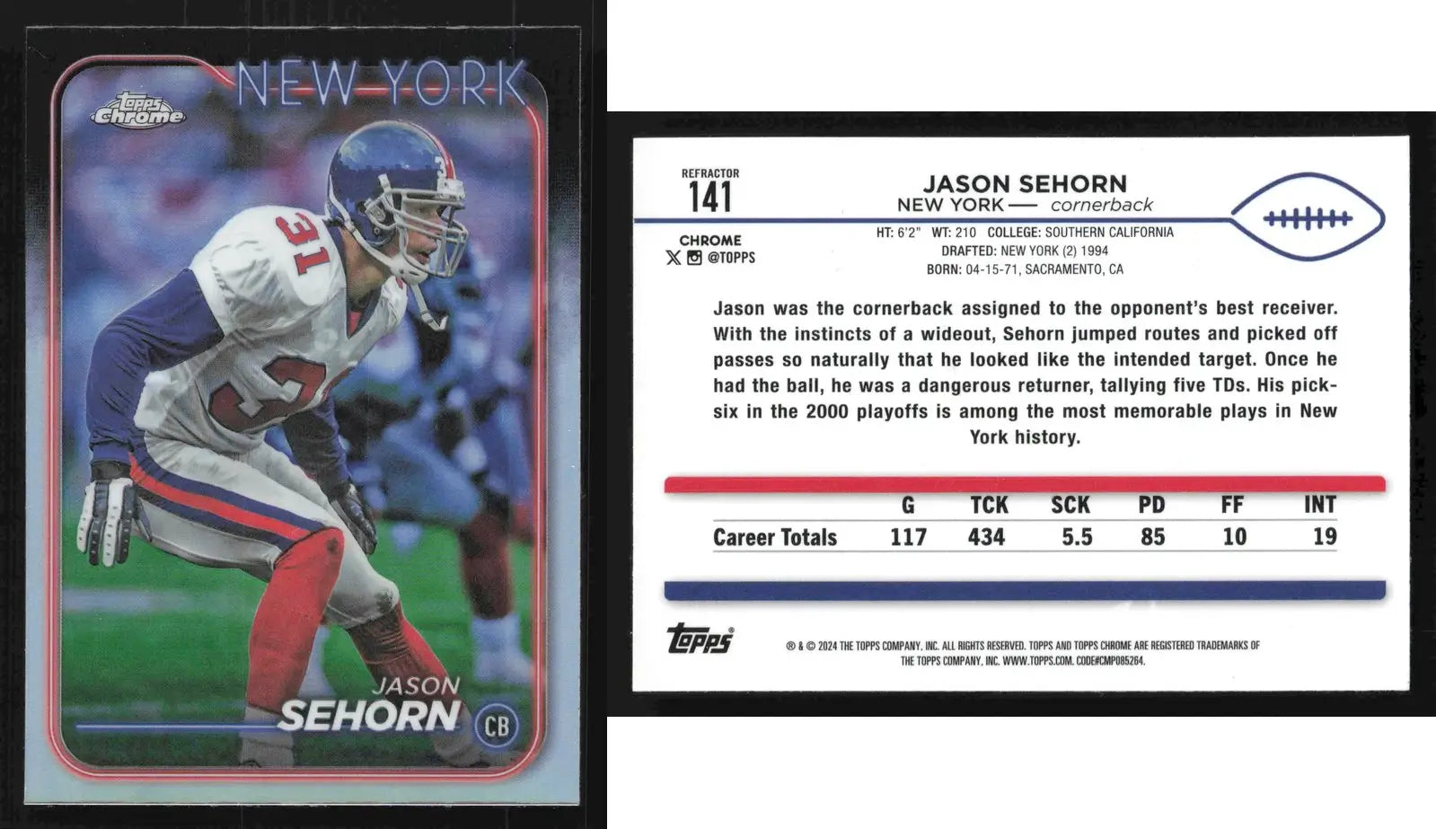 2024 Topps Chrome JASON SEHORN #141 Refractor New York Giants - Football Card Single