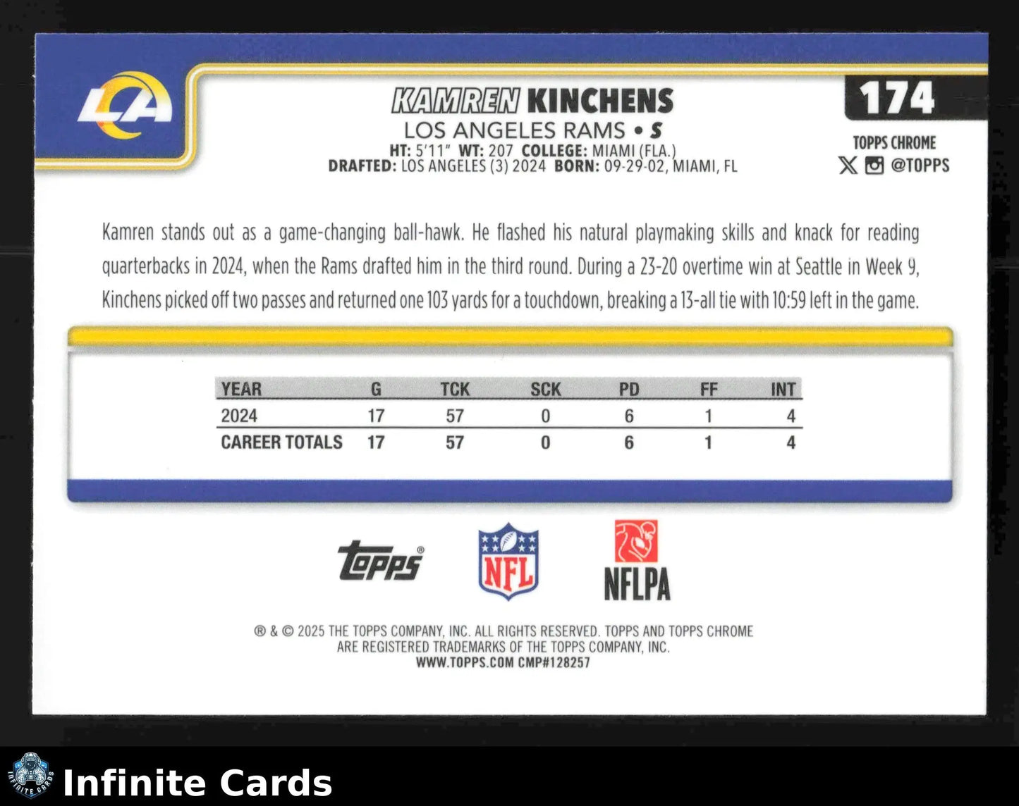 2024 Topps Chrome KAMREN KINCHENS #174 Los Angeles Rams RC - Football Card Single