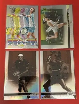 Four tennis trading cards in plastic sleeves from 2024 Topps Chrome Korda Served & Wang Refractor lot